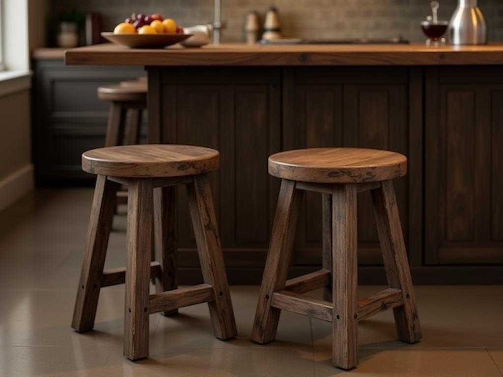 Rustic Bar Stools (Set of 2): Two sturdy wooden bar stools with distressed finish